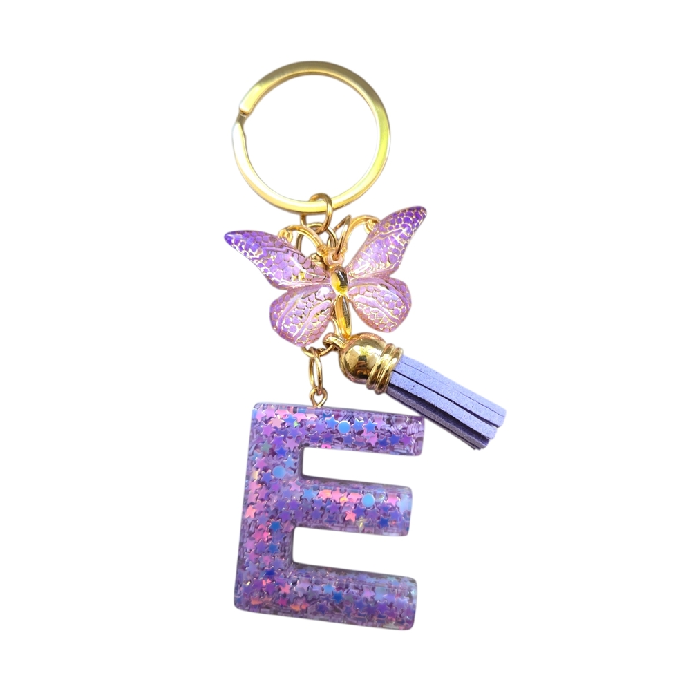 Purple Glitter Keychain with Butterfly Charm